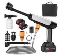 Nettoyeur Haute Pression sans Fil, 50Bar Nettoyeur Haute Pression sur Batterie avec 2 x 3.0Ah Batteries, Buse 6 en 1, Débit 6L/Min, 2 Niveaux de Pression, pour Nettoyage Arrosage (2 Batteries Argent)