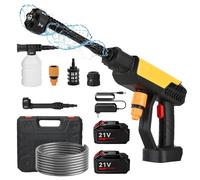 Nettoyeur Haute Pression sans Fil, 70Bar Nettoyeur Haute Pression avec Buse 6 en 1, Pistolet Haute Pression avec 2 Batteries de 3,0Ah, Tuyau 5 M, Pulvérisateur de Mousse, pour Jardin et Voiture