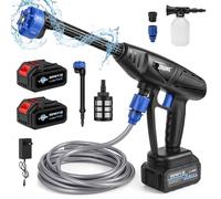 Nettoyeur haute pression sans fil, 80 bar, portable, avec deux batteries, buse 6 en 1, portée de pulvérisation de 5 à 6 m, débit d'eau 3,5 l/min, pour voiture, terrasse, pelouse (deux piles)
