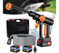 Nettoyeur Haute Pression sans Fil, avec 2 x 3000mah Batteries, 6-en-1 Multi-Usage Buse, Nettoyeur Haute Pression sur Batterie avec Tuyau, Pot en Mousse, Adapté au Nettoyag des Balcons, Voitures