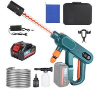 Nettoyeur haute pression sans fil, avec batterie, 21 V max. 80 bar, avec chiffon de nettoyage de voiture, tuyau de 5 m, pichet à mousse, avec écran LCD, 3 vitesses, vert avec 1 batterie