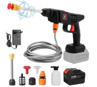 Nettoyeur Haute Pression sans Fil Portable 21V, Nettoyeur Haute Pression sur Batterie 50Bar, Pistolet Haute Pression sans Fil avec 1 Batterie et Tuyau de 5M, pour Le Nettoyage et Arrosage (30000mah)