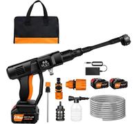 Nettoyeur Haute Pression sur Batterie sans Fil, Laveuse Haute Pression Portable 21V avec Buse 6-en-1, Batterie 3000mAh, Tuyau 5m - pour Voiture, Terrasse (avec 2 Batteries de 3,0 Ah)