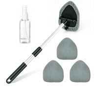 Nettoyeur Pare-Brise avec Manche Télescopique, Kit Nettoyage Vitre Voiture avec 4 Housses Microfibre Grises et Flacon Pulvérisateur, Lave Vitre Voiture Rotatif 180° Nettoyage Intérieur