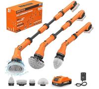 Nettoyeur rotatif électrique 1000 tr/min, brosse de nettoyage sans fil 20 V avec bras d'extension réglable, 4 têtes de nettoyage remplaçables, crochet et gants, charge rapide en 1 heure,