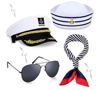 NETUME Lot de 4 Chapeau de Capitaine de Marin,Lunettes de Soleil et Écharpe | Chapeau Capitaine Bateau Adulte, Ensemble de Costume Capitaine Marin, Accessoires de Costume Marin pour Fête Halloween