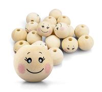 Netuno Lot de 17 boules en bois avec visage souriant - 20 mm x 18 mm - Tête d'ange naturelle - Perles de bricolage pour macramé, boules décoratives avec yeux pour bricolage, bijoux, perles en bois