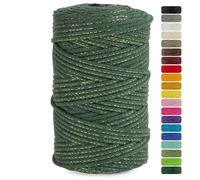 Netuno Pelote de fil de coton naturel pour macramé, vert bouteille, avec brin en métal doré, 5 mm de diamètre, 100 m de longueur, textile, pour Noël, cadeau, 1 pièce
