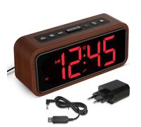 Netzu Réveil Fort pour Dormir Profond, réveil en Bois avec Affichage LED, 12 sonneries d'alarme, 5 Niveaux de luminosité réglables, 5 volumes, DST Manuel, réveil rétro pour Chambre à Coucher (Rouge)