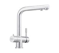 Neues Wasser Group Robinet D'évier de Cuisine à Bec en L - Robinet en Acier Inoxydable Brossé, Raccord 3 voies pivotant à 360° pour Mitigeur D'eau Froide Filtrée, Levier de Commande Séparé