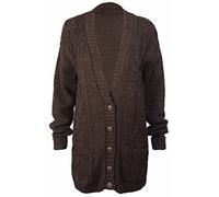 Neuf Pour Femmes De Tous Les Jours Bouton Manches Longues Top Chunky Dames Aran Tricot Torsadé Cardigan Grand-père - Brun Foncé, EU 44