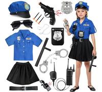 NEUFOOD Deguisement Policier Fille, Costume Policier Enfant Deguisement Fille,avec Chemise Jupe Chapeau Menotte Police Talkie-Walkie Police Jouet pour Fille Policiere Carnaval Halloween (130-140CM)