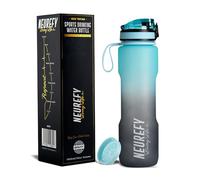 NEUREFY Gourde de sport, 1 l, en Tritan, bleu ciel, anti-fuite, antidérapante, sans BPA, avec indicateur de quantité de boisson et passoire, pour la gym, l'extérieur, le bureau, l'université, l'école