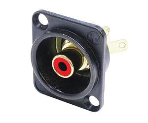 Neutrik Connecteur RCA femelle à monter sur panneau, finition noir chromé avec bague isolante rouge, boîtier en forme D, idéal pour applications audio comme ampli table de mixage hi-fi