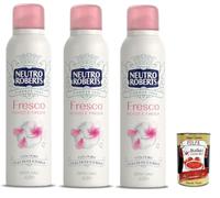 Neutro Roberts, fresco déodorant en fresque rosa, sans sels en aluminium, zéro taches Monoi et Fresia, homme et femme déodorant, 3x 150 ml + Italian Gourmet polpa 400g