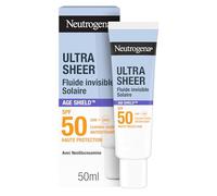 Neutrogena - Fluide Solaire Invisible Ultra Sheer Anti-Âge SPF 50 UVB + UVA (50 ml) - Crème solaire visage antioxydante avec NeoGlucosamine - Absorption rapide, réduit les taches et prévient les rides