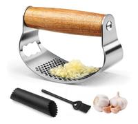 NEUTYPECHIC Ecrase Ail Manche en Bois, Presse Inox Avec Décapsuleur, Presse Ail Inox Professionnel, Garlic Press Convient pour Ecraser, le Gingembre, la Purée de Pommes de Terre