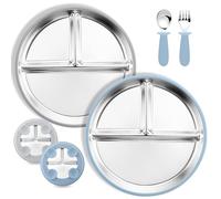 Neuytiky Set De 2 Assiettes En Acier Inoxydable Avec Ventouse Pour Bébé Et Set De 1 Cuillères Et Fourchettes, Set de Repas Antidérapant pour Bébé, non toxique et sans BPA