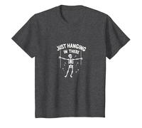Never Better Squelette Just Hanging in There Humour Goth T-Shirt, Enfant, Chiné Foncé, 6 Ans