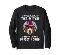 Never Mind The Witch Beware of Basset Hound Dog Halloween Manche Longue