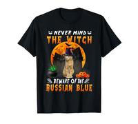 Never Mind The Witch Beware of Russian Blue Cat Halloween T-Shirt