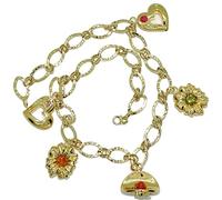 Never say Never Collier pour femme précieux et joyeux en or jaune 18 carats avec 5 motifs, des cœurs, des fleurs et un chapeau. Longueur 42,00 cm. 21,25 gr d'or 18 carats.