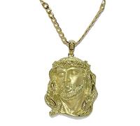Never Say Never Très grand visage de Christ en or jaune 18 carats avec chaîne Bilbao en or jaune 18 carats de 3 mm de large et 60 cm de long, 31.35 g d'or 18 carats