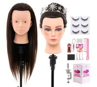 Neverland 71cm Tete a Coiffer Professionnelle Tete a Maquiller avec 60% Cheveux Humains, Tête de Coiffure Maquillage Tête d'entraînement avec Outils de Coiffure, Cils et Pince de Table(Brun foncé)