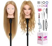 Neverland Tete a Coiffer Professionnelle Tete a Maquiller avec 60% Cheveux Humains, Tête de Coiffure Maquillage Tête d'entraînement avec Outils de Coiffure, Cils et Pince de Table (Blond)
