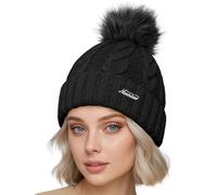 Neverless - Bonnet tricoté avec pompon en fourrure synthétique pour femme, Caren noir, taille unique