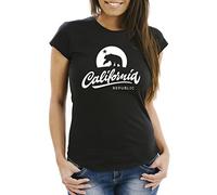 Neverless California Republic Bear Californie T-shirt d'été coupe slim pour femme - Noir - X-Large