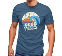 Neverless® T-shirt Good Vibes Wave Hippie Slogan Statement Surf Design Vintage Rétro Mode Street Style, Good Vibes Denim Blue, M