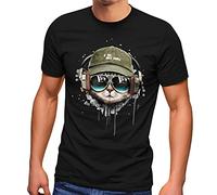 Neverless® T-shirt pour homme motif chat cool casque musique mode street style, Noir , S