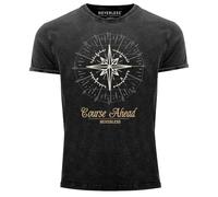 Neverless® T-shirt vintage imprimé boussole rose des vents look usé coupe ajustée pour homme, Noir , L