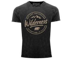 Neverless® T-shirt vintage imprimé pour homme avec logo Adventure Mountain Ours Wilderness Inscription Fashion Streetstyle imprimé look usé Coupe ajustée, Wilderness Badge Noir, L