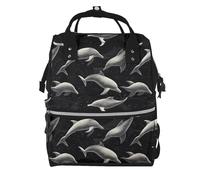 Nevjipu Sac à dos à langer pour poupée - Sac à dos pour maman, imprimé dauphins noirs, sac à dos tactique tendance pour bébé, voyage, randonnée, sac à langer pour tout-petit, sac à langer pour papa