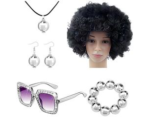 NevPuose Ensemble d'accessoires disco des années 1970 pour femme - Ensemble d'accessoires de bal disco des années 70 - Perruque afro, boucles d'oreilles, lunettes de , ballon, collier, kit de