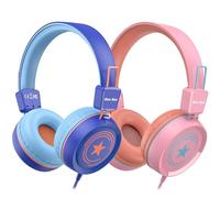 New Bee Lot de 2 écouteurs pour enfants avec microphone, 85 dB/94 dB - Volume sûr limité - Casque pliable pour enfant - Pour l'école, les voyages, Mac/Android/Kindle/tablette/Pad - Bleu et rose