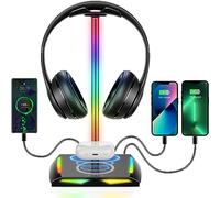 New Bee Support Casque et Chargeur sans Fil RGB | Porte Casque Gamer, Wireless Charge, 2×Type-C 1×USB, Transmission de Données, Support Casque de Gaming Compatible PC