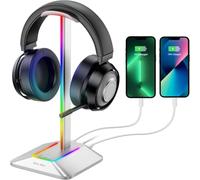 New Bee Support Casque RGB Gamer, Support Casque Audio Argent | Support Casque avec 2 Ports Type-c et USB Casque Stand Transmission de Données, Universel pour Casque de Gaming PC
