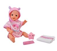Simba New Born Accessoires de Bain pour bébé - Ensemble de 4 Accessoires pour poupée avec Peignoir, éclaboussures d'eau, Couche et Tube de crème, Convient aux poupées de 30 à 43 cm, à partir de 3 Ans