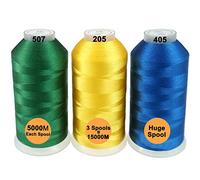 New brothread Lot de 3 Vert/Jaune/Bleu Couleurs Polyester Fil Machine à Broder Énorme Bobine 5000M pour Toutes Les Machines à Broder