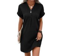 New Casual Summer Dresses for Women,2025 Button Up V Neck Solid Short,Sleeve Tunics A Line Ribbed Mini T Shirt Dress (FR/ES, Alpha/Lettres, S, Taille Normale, Taille Normale, Black)