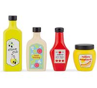 New Classic Toys Cet Ensemble de 4 Condiments en Bois Comprend Une Bouteille d'huile d'olive, Une Vinaigrette, Une Bouteille de Ketchup et Un Pot de Moutarde.