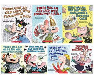 NEW COLLECTION! 'There Was an Old Lady Who Swallowed' Books Set (7 Board Books) - Swallowed a Birthday Cake, Bat, Bell, Some Snow, Fly, Chick, Cow