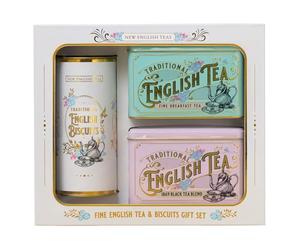 New English Teas Vintage Victorian Tea & Biscuits Gift Set with 80 Fine English Teabags, 2 Tea Caddies and Luxury Cornish Biscuits