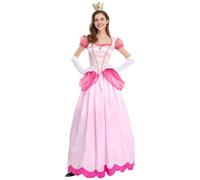 New front Adulte Robe de Princess Peach Super Mario Déguisement pour Femme Surlongueur Carnaval Robe pour Soirée Manches Bouffantes Costume Fête Halloween avec Gants Couronne,Rose,3XL