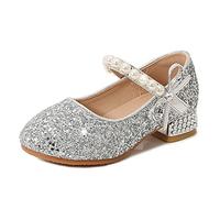 New front Chaussure à Talon Haut Fille Chaussure pour Déguisement Antidérapant Bout Fermé Soirée Cocktail Mariage Princesse Cendrillon Mary Jane Anniversaire Paillettes,Argenté,26