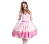 New front Déguisement pour Adulte Princesse Peach Manche Bouffante Robe de Soirée Au-dessus du Genou Costume pour Cocktail Noël Mardi Gras Princesse Pêche avec Gants et Couronne,Rose,S