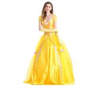 New front Déguisement pour Femme Princesse Belle Robe pour Fête Carnaval Halloween Mascarade Costume pour La Belle et la Bête Adulte Manche Courte avec Gants Maxi Décolleté,Jaune,M